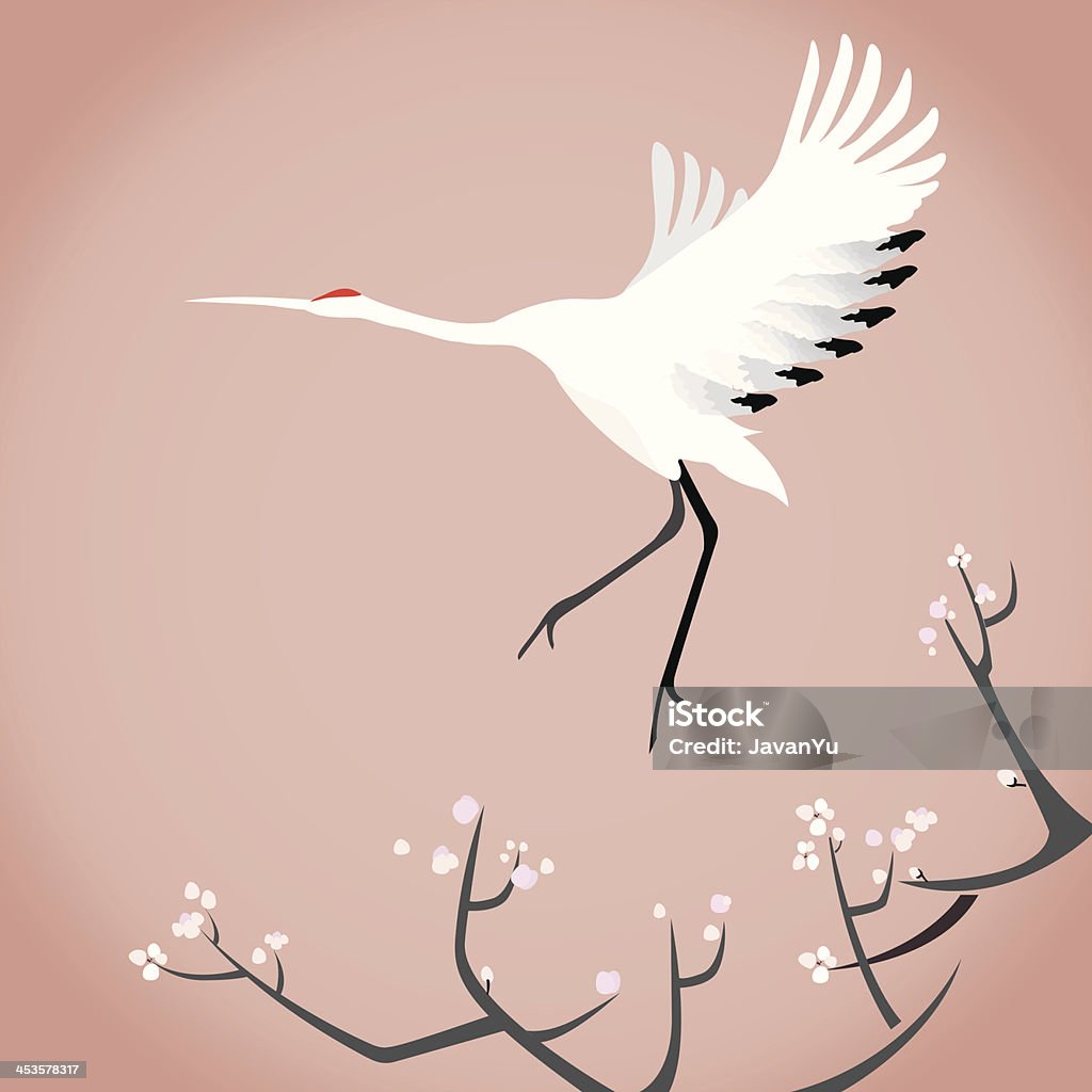 Crane in spring Crane flying above the cherry blossom in spring Crane - Bird stock vector