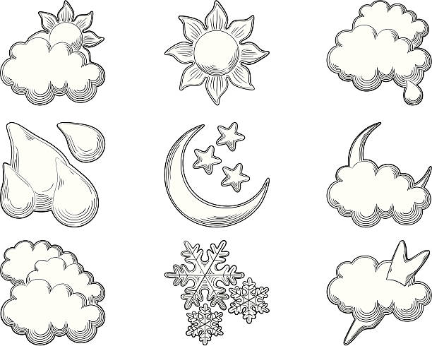 Weather icons en grabado estilo - ilustración de arte vectorial