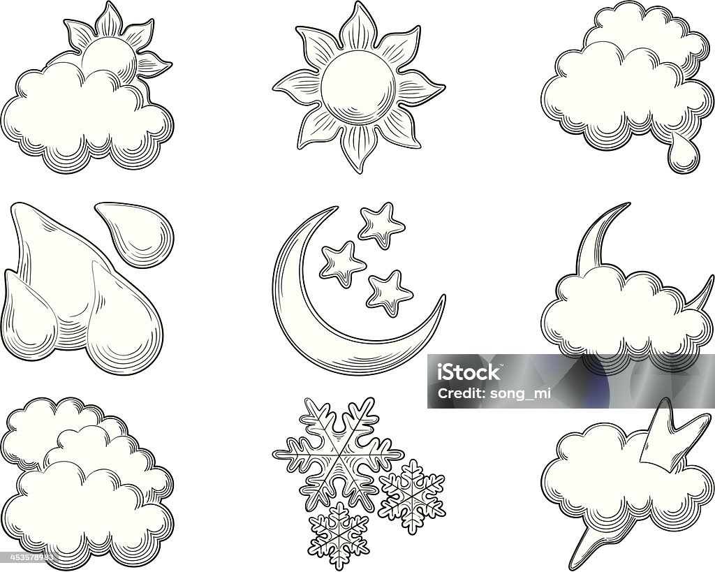 Weather icons  at engraving style Set of vector computer icons for weather Engraved Image stock vector
