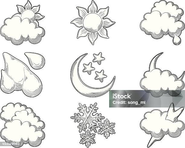 Weather Icons At Engraving Style Stock Illustration - Download Image Now - Engraved Image, Moon, Old-fashioned