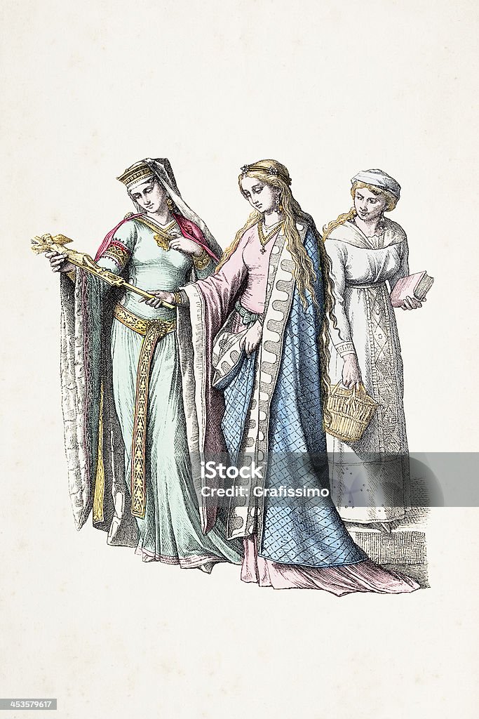 Glamouröse Frauen in traditioneller Kleidung aus dem 12. Jahrhundert - Lizenzfrei 19. Jahrhundert Stock-Illustration