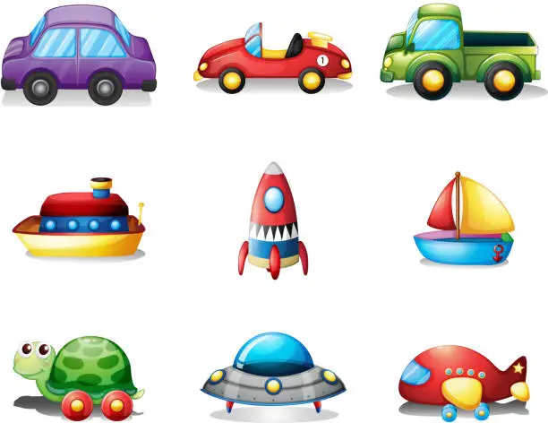 Vector illustration of Nine different kind of toy transportations