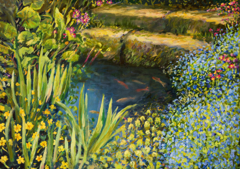 An oil painting on canvas of a small tranquil pond with fishes and colorful blooming flowers.