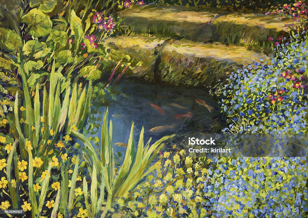 Colorful Silence An oil painting on canvas of a small tranquil pond with fishes and colorful blooming flowers. Animal Stock Photo