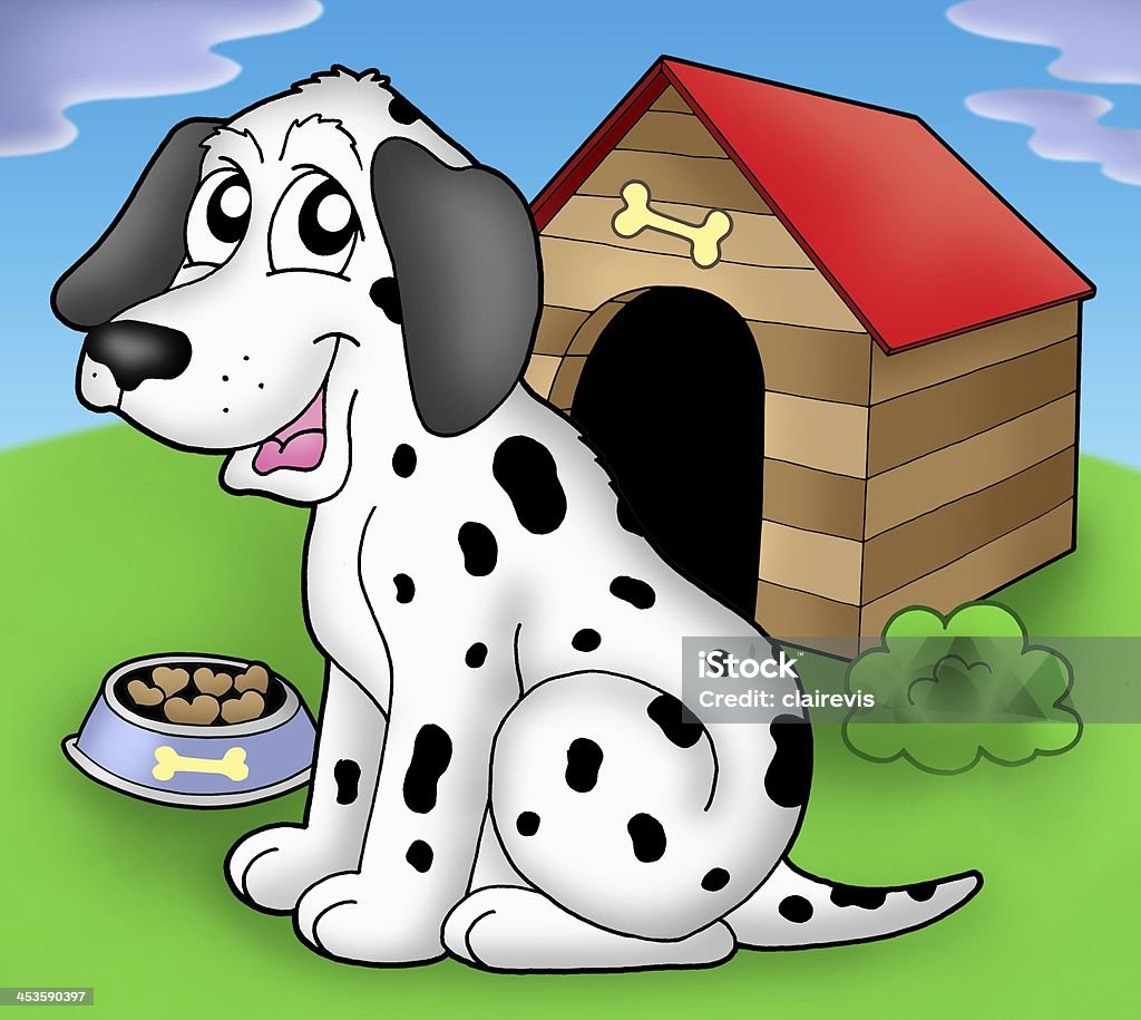 Dalmatian dog in front of kennel Dalmatian dog if front of kennel - color illustration. Animal Stock Photo