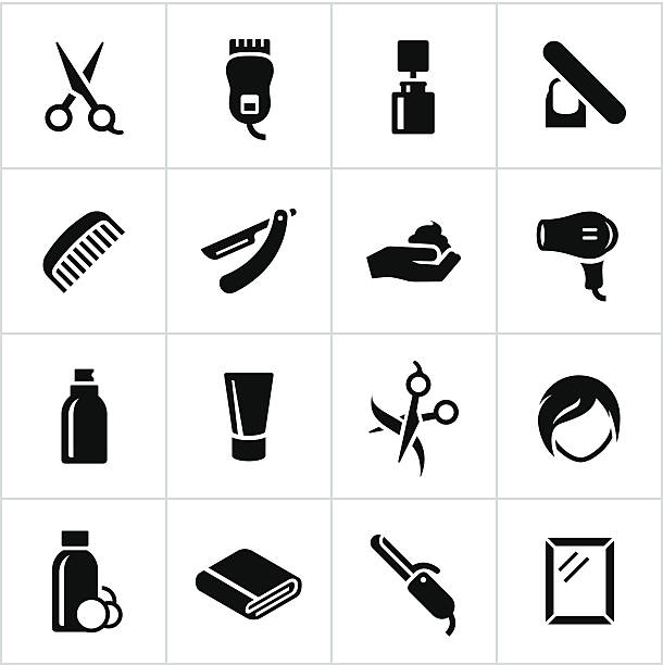 ilustraciones, imágenes clip art, dibujos animados e iconos de stock de peluquería iconos negro - computer icon symbol hair gel hair salon