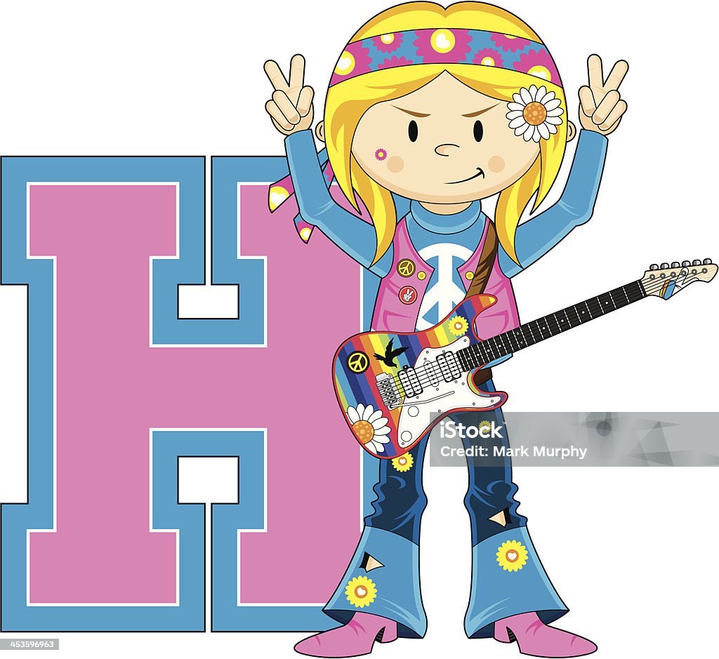 Hippy con guitarra aprendizaje letra H - arte vectorial de Viñeta libre de derechos
