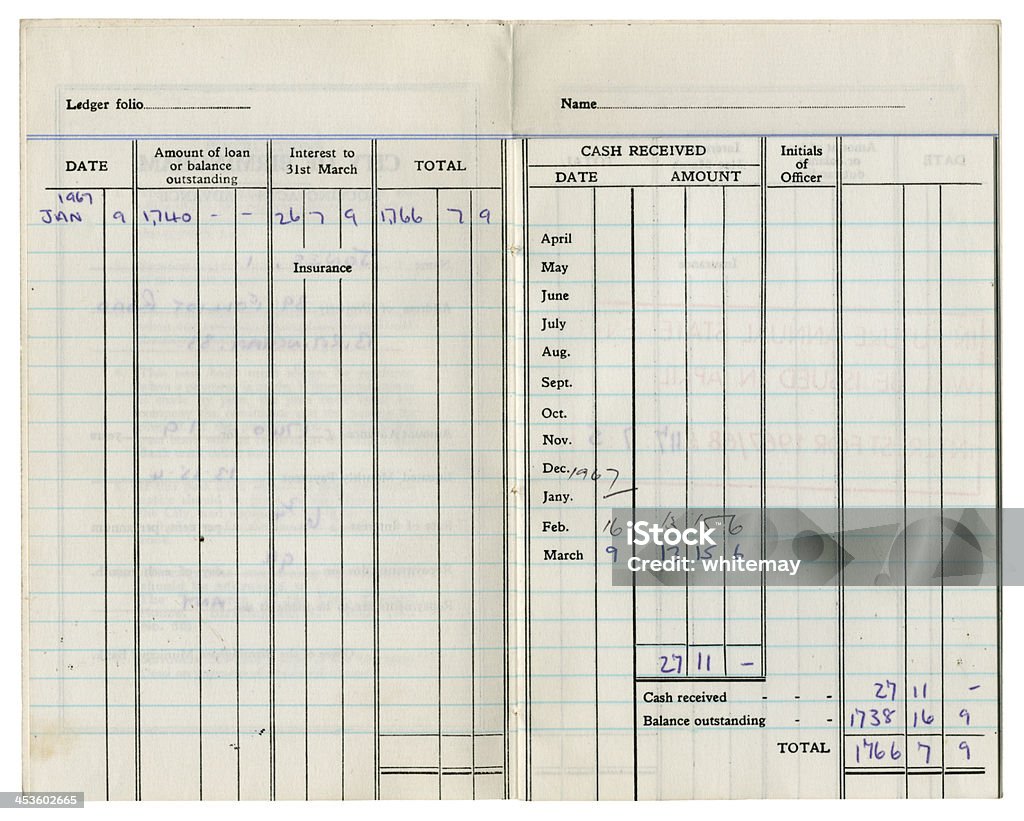 Dentro de la propagación de una antigua British préstamo cuenta de libro, 1967 - Foto de stock de Libro mayor libre de derechos