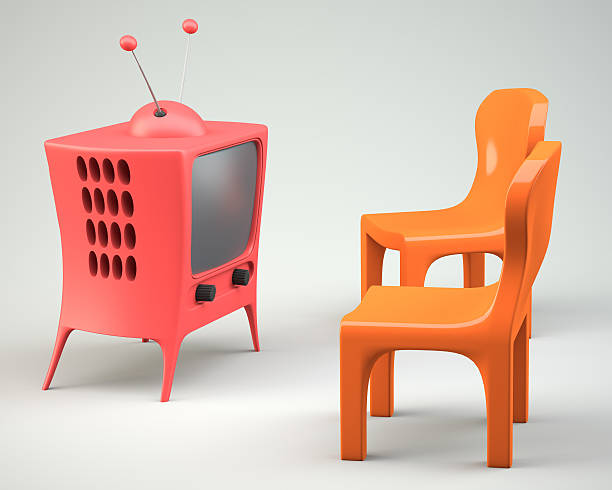 Cartoon-styled tv with two chair. 3d illustration