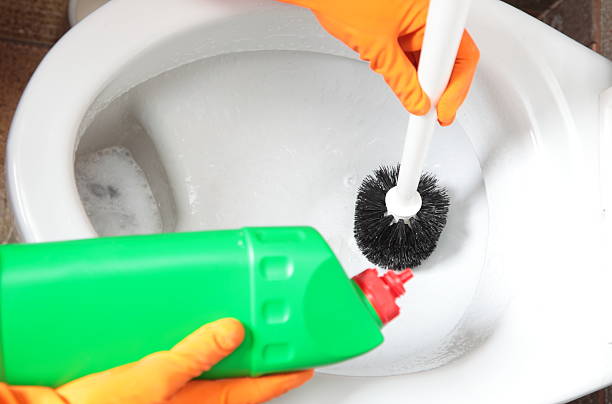 istock Gloved hand cleaning toilet bowl using brush 453611541