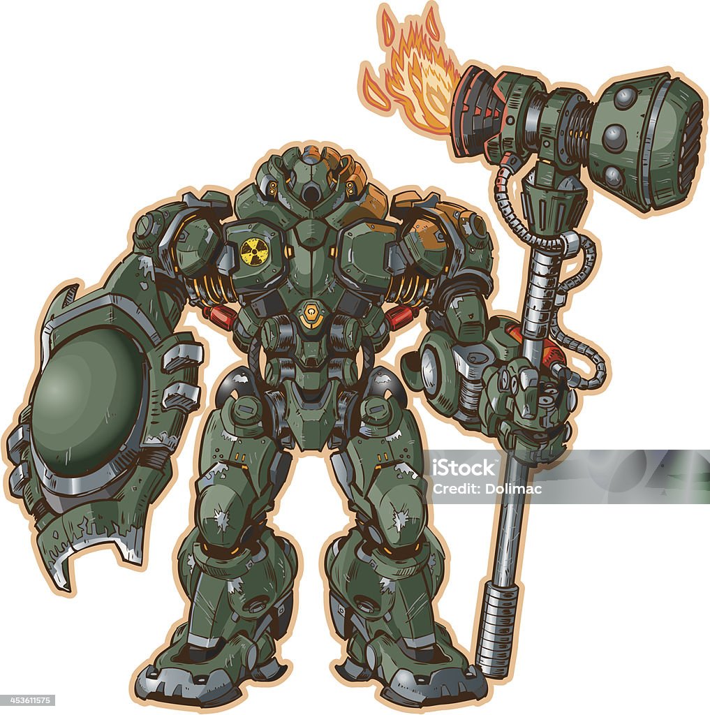 robot guerriero con scudo e martello - arte vettoriale royalty-free di Robot