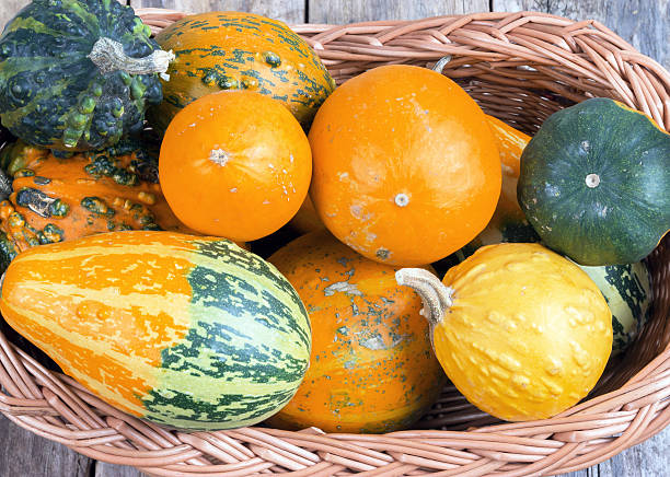 istock Pumpkins on a wooden table and basket 453617191
