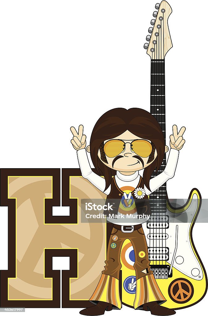 Милый Hippie с гитара обучение Буква H - Векторная графика 1960-1969 роялти-фри