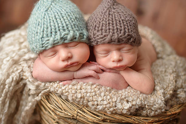 Newborn twins wearing tricot hats and sleeping in a basket A close up of newborn twins sleeping in a basket. twin stock pictures, royalty-free photos & images