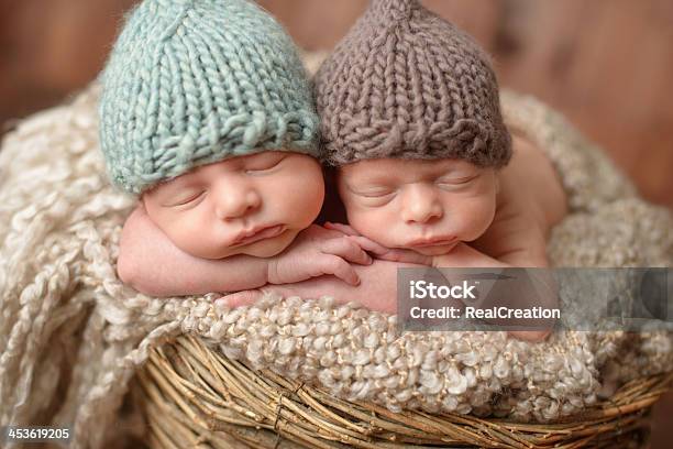 Newborn Twins Wearing Tricot Hats And Sleeping In A Basket Stock Photo - Download Image Now