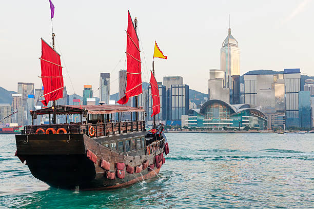 istock Hong Kong skylines and junk boat 453624253