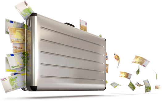 3D rendering of a suitcase wit flying money