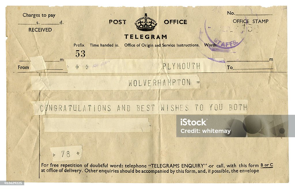 Britische Hochzeit Glückwunsch Telegramm 1945 - Lizenzfrei Telegramm Stock-Foto