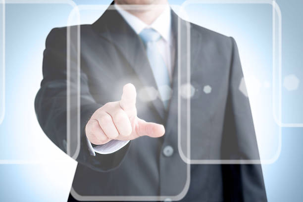 istock Businessman  finger touches virtual buttons 453635093