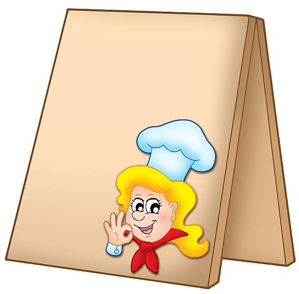 Menu board with cartoon chef woman - color illustration.