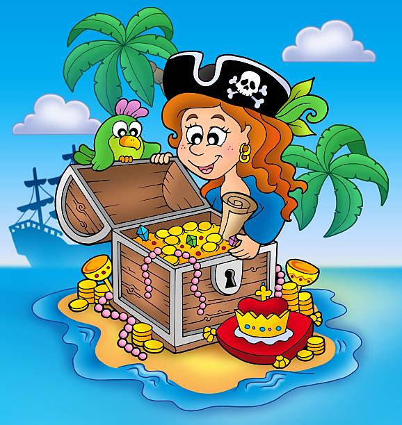 Pirate girl and treasure - color illustration.