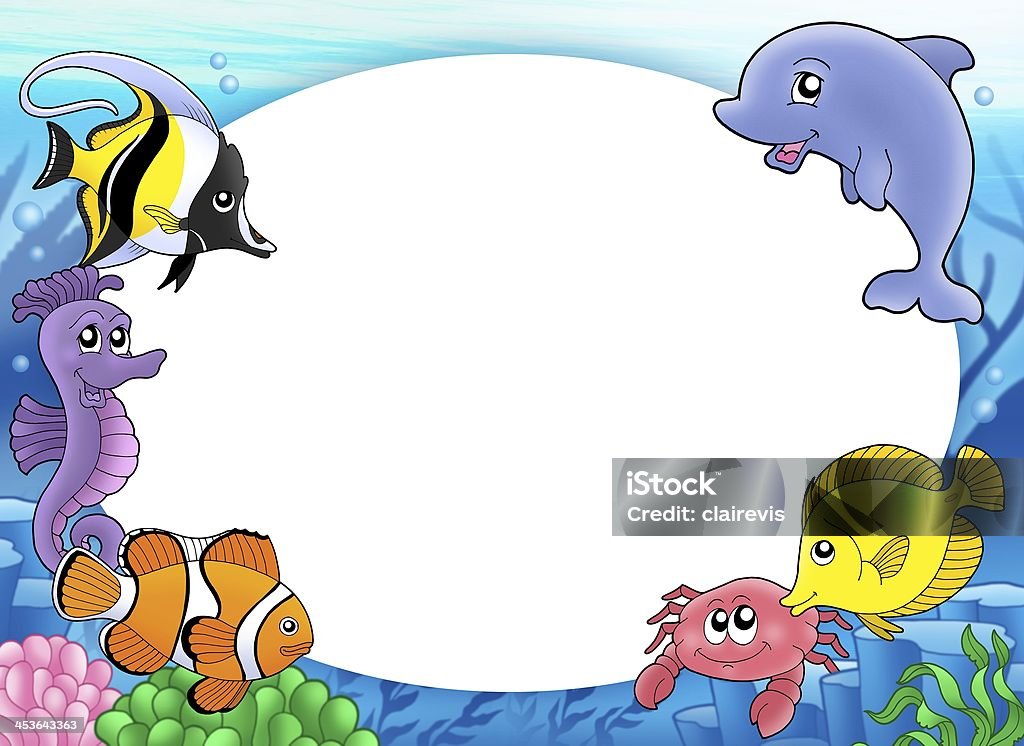 Round frame with tropical fishes Round frame with tropical fishes - color illustration. Anemonefish Stock Photo