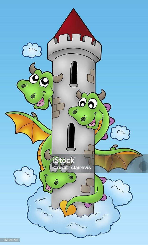 Three headed dragon on sky Three headed dragon on sky - color illustration. Animal Stock Photo