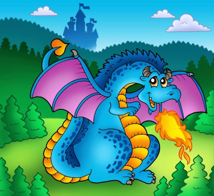 Big blue fire dragon with old castle - color illustration.