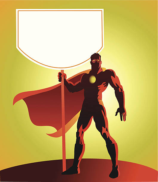 illustrazioni stock, clip art, cartoni animati e icone di tendenza di super eroe con in mano un cartello scheda - valiant
