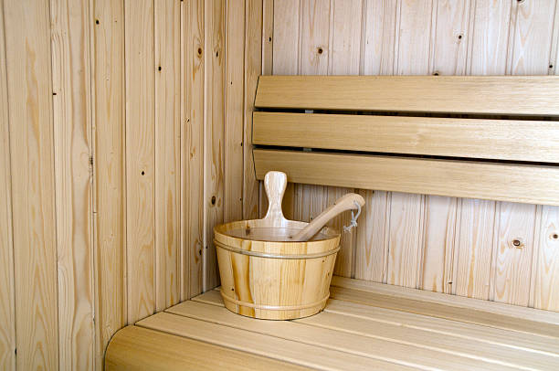 istock wooden bucket in sauna 453648331
