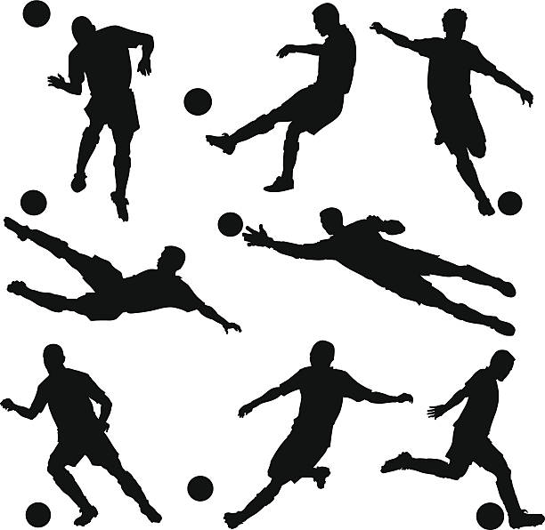 Soccer Players Silhouettes Each image is placed on separate layer.  kicking illustrations stock illustrations
