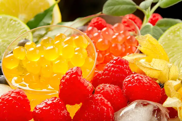 bubble tea peals with fruits in detail