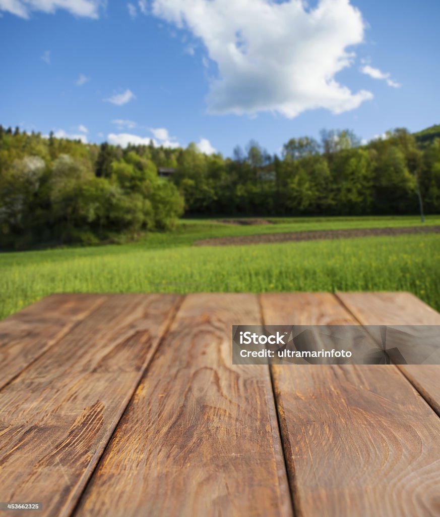picnic mesa de madera contra un paisaje verde - Foto de stock de Mesa de jardín libre de derechos