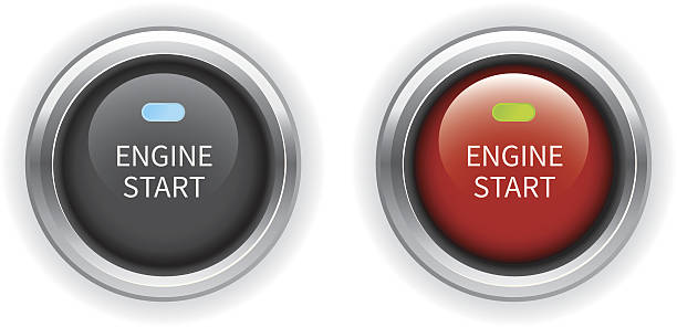 Engine Start Button Set of black and red engine start buttons with illuminate light and chrome ring start button stock illustrations