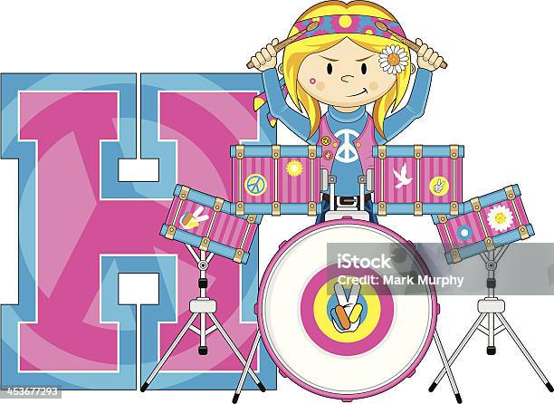 Fofo Hippy Baterista Aprendizagem Latina H - Arte vetorial de stock e mais imagens de 1960-1969 - 1960-1969, Alfabeto, Aprender