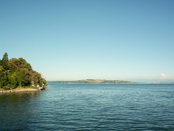 This shot shows Vashon Island on the left side, Federal Way in the center and Mount Rainier in the distance, off to the right side of the image. 