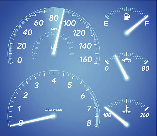 Blue Gauges Detailed blue car gauges. EPS 10 file. Transparency used on highlight elements. vintage speedometer stock illustrations