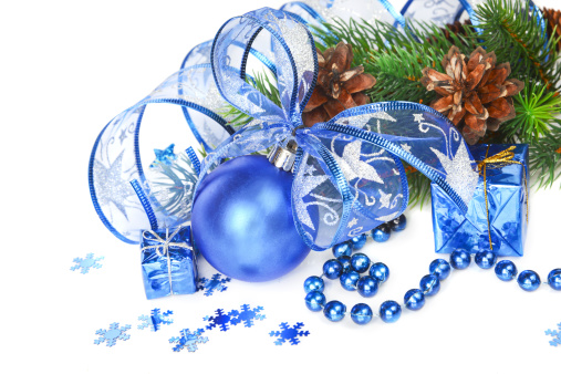 Christmas composition with blue Christmas ball on a white background