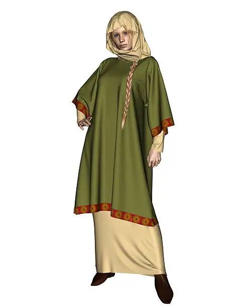 Anglo-Saxon, Viking, or Early Medieval woman wearing a green embroidered tunic and head cloth, 3d digitally rendered illustration.