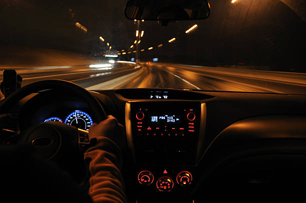 Night drive from car view stock photo