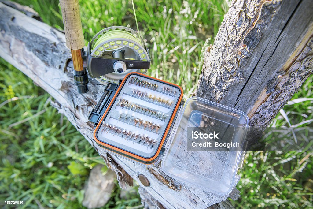 Pesca con la mosca attirano in scatola portaccessori. - Foto stock royalty-free di Amo da pesca
