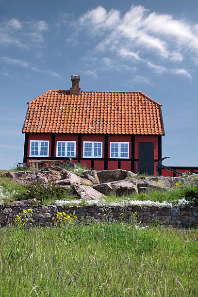 cabaña casa rojo - denmark house cottage rural scene fotografías e imágenes de stock