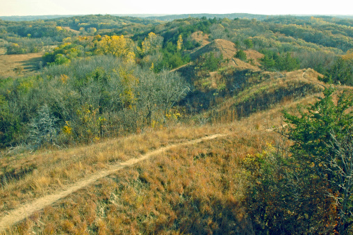 Trail on ridgetop through scenic Loess Hills near Moorhead in western Iowa