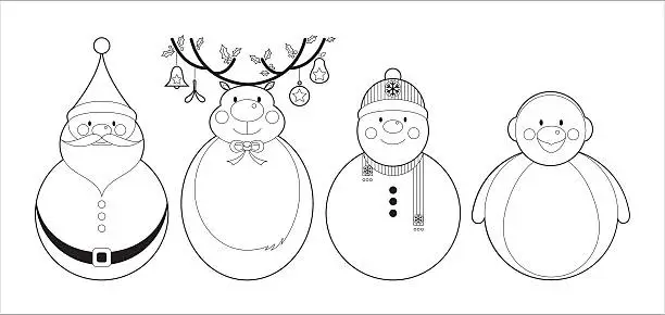Vector illustration of Color In Cute Christmas Characters