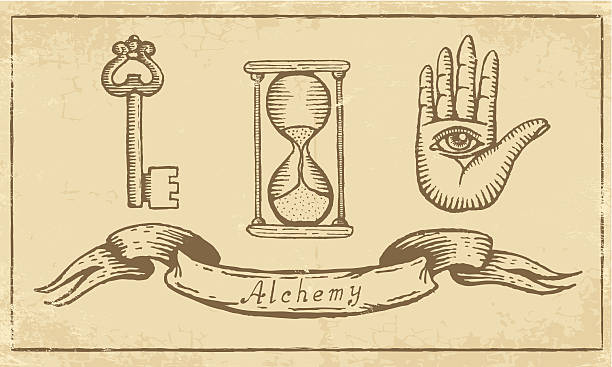 Alchemical Symbols Magic alchemical Symbols in old yellow paper medieval illustrations stock illustrations