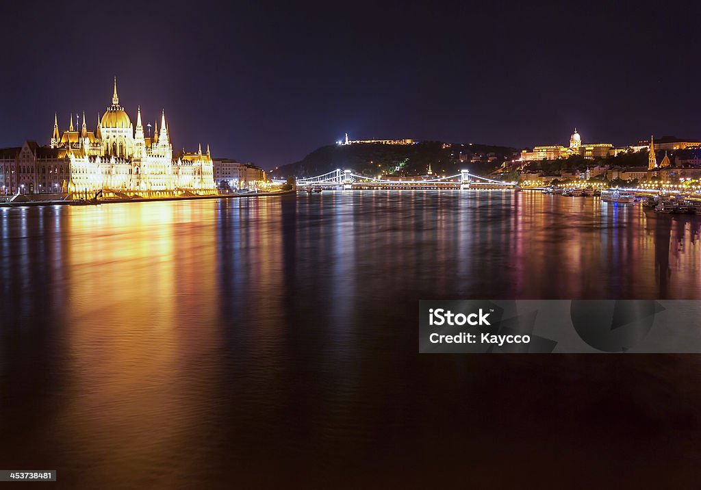 Hungarian Parliament Building as seen from Margit Hid at night Hungarian Parliament Building as seen from Margit Hid at night, long exposured Architectural Column Stock Photo