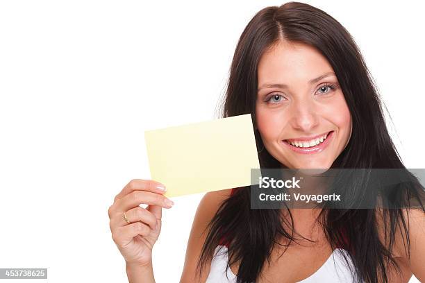 Gift Card Excited Woman Showing Empty Blank Paper Card Sign Stock Photo - Download Image Now