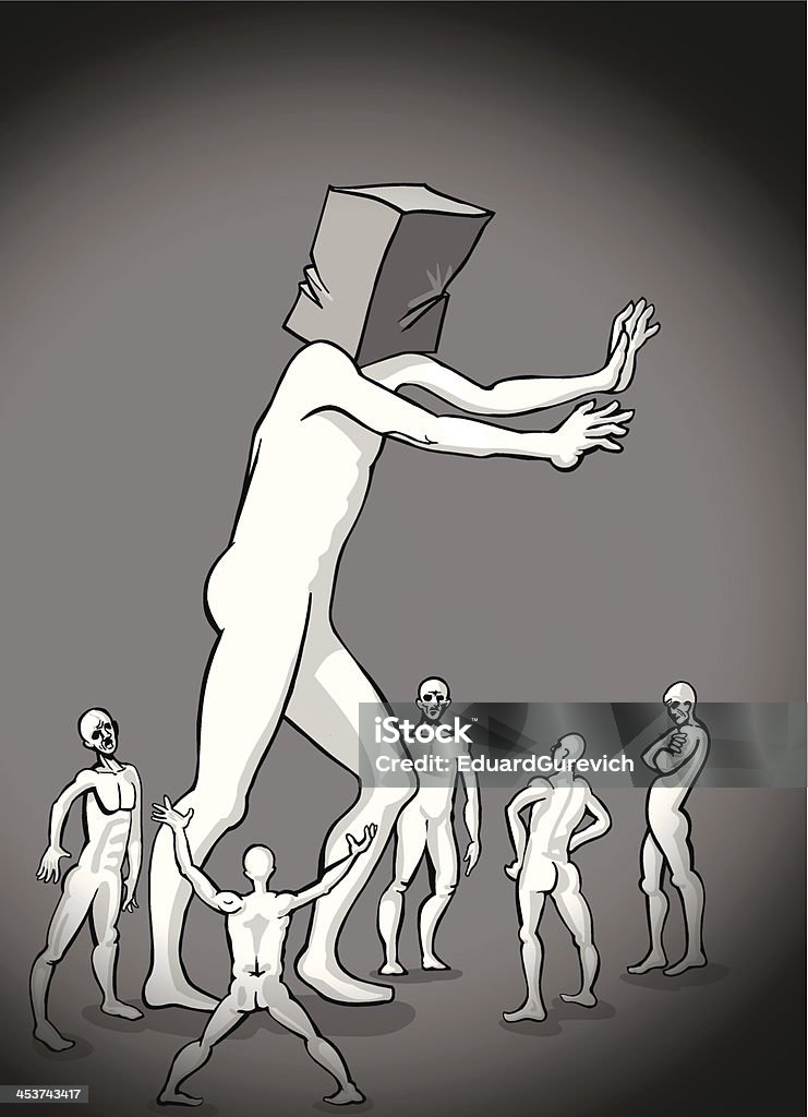 Game of hide and seek with little people Large man chasing little people, wearing paper bag on his head. EPS 10 File Hide And Seek stock vector