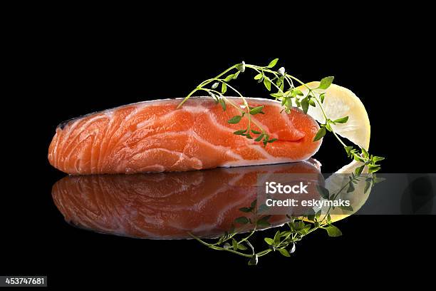 Luxurious Salmon Steak Stock Photo - Download Image Now - Black Background, Ingredient, Raw Food