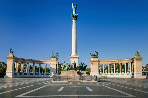 Heroes' Square, Hosok Tere or Millennium Monument, one of the major attraction of Budapest, with 36 m high Corinthian column in center. Designed by Albert Schickedanz and built for 1896 Millennium celebrations. Hungary